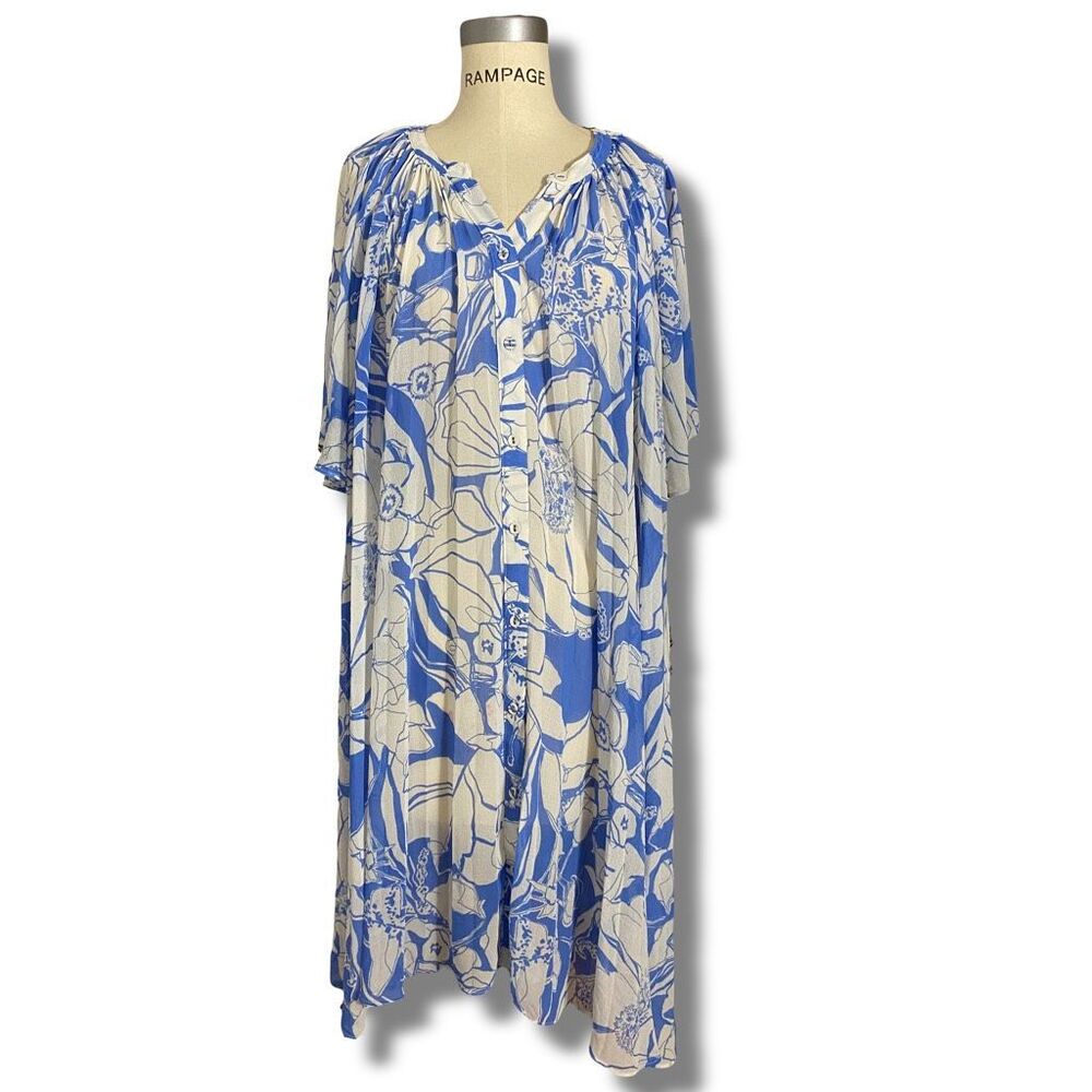Blue and White Floral Button-Front Women’s Dress